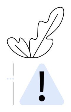 Üç köşeli uyarı işaretinin üzerinde kalın bir ünlem işareti olan yaprak şeklindeki ana hatlar. İhtiyat, ekoloji, sürdürülebilirlik, risk farkındalığı, çevre, güvenlik ve iletişim için ideal. Düz basit metafor