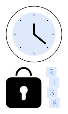 Saat zamanı simgeler, asma kilit güvenliği simgeler, risk blokları zorlukları vurgular. Zaman yönetimi, veri güvenliği, risk değerlendirmesi, planlama, strateji, üretkenlik soyut çizgisi için ideal