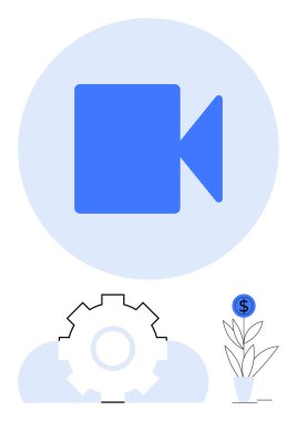 Mavi video kamera simgesi içerik oluşturma teçhizatını temsil ediyor dolar işareti ile otomasyon fabrikasını temsil ediyor. Dijital strateji, pazarlama, teknoloji, yenilik ve ticari başarı için ideal