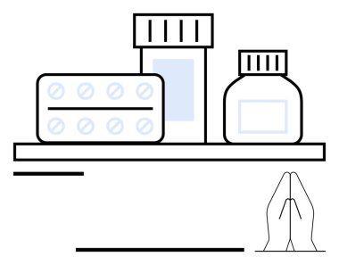 İlaç şişeleri, rafta dua eden elleri olan hap paketleri. Sağlık, sağlık, inanç, umut, eczane ve kişisel bakım için ideal. Asgari düz metafor