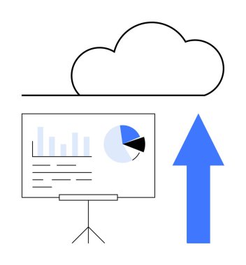 Yukarı doğru ok ve bulut anahatlarının yanındaki tripodun analitik çizelgesi performansı, büyümeyi, depolamayı, analizi gösteriyor. Veri yönetimi, bulut servisi, ilerleme, sunum, strateji vizyonu için ideal