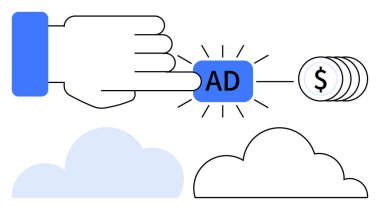 Parlak efektli, bozuk paralara bağlı AD tuşuna bas. Dijital pazarlama, çevrimiçi reklam, e-ticaret, para, tıklama başına ödeme, çevrimiçi gelir, düz bir metafor için ideal