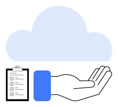 Soyut bulut biçimini destekleyen eli aç, kontrol listesi ve işaretli panoyu aç. Bulut hizmetleri, görev yönetimi, destek, işbirliği, dijital depolama, servis dağıtımı için ideal, daire sade