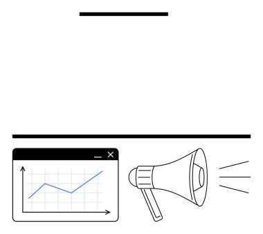 Yukarı doğru eğilimli veri tablosu ve megafon pazarlama büyümesini, iletişimi ve tanıtımını sembolize ediyor. İş stratejisi, dijital pazarlama, kampanya başarısı, analitik ve iletişim için ideal