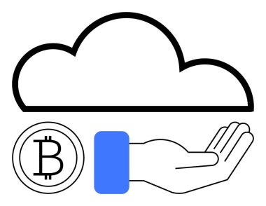 Elinde Bitcoin ikonu olan açık bir elin üstündeki bulut grafiği dijital varlıkları, bulut hizmetlerini, merkezi olmayan finansmanı, çevrimiçi depolamayı ve şifreli para birimini öneriyor. Teknoloji, finans ve paylaşım için ideal