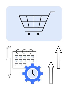 Alışveriş arabası e-ticaret odağı, saat teçhizatı verimliliği simgeler, takvim kontrol listesi görev planlama ve öncelikleri yansıtır ve oklar da yükselen büyümeyi gösterir. Temalar için ideal