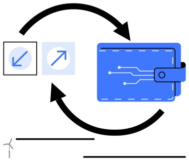 Devreli mavi dijital cüzdan, iki yönlü oklar, büyüme ve düşüş simgeleri ve bir rüzgar türbini. Finans, engelleme zinciri, yenilenebilir enerji, ödeme sistemleri, ekonomi dijital büyümesi için ideal