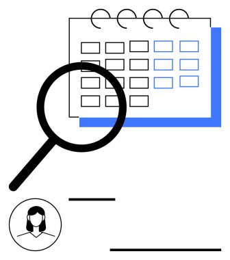 Dairesel kullanıcı profilli büyüteç denetleme takvimi. Program, planlama, organizasyon, verimlilik, arama, analiz ve zaman yönetimi kavramları için idealdir. Düz basit metafor