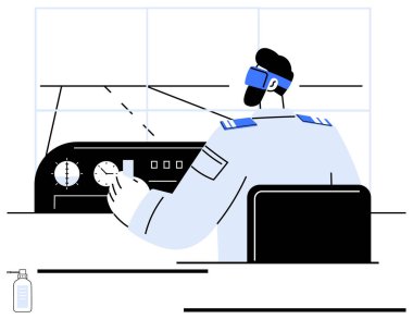 Üniformalı pilot AR gözlükleri ve navigasyon arayüzü kullanarak uçak kokpitini yönetiyor. Havacılık, teknoloji, yenilik, eğitim, gelecek, dijital dönüşüm ve sanal arayüz için ideal. Düz