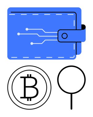 Bitcoin ikonu ve büyüteçin yanında devre tasarımı olan mavi cüzdan. Kripto para birimi, engelleme zinciri, fintech, dijital işlemler, finans eğitimi, e-ticaret, güvenlik temaları için ideal