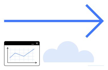 İlerlemeyi gösteren mavi ok, bir tarayıcı penceresinde yukarı doğru grafik ve bulut. Yenilik, büyüme, veri analizi, başarı, iş stratejisi, gelecekteki takım çalışması için idealdir. Düz basit metafor