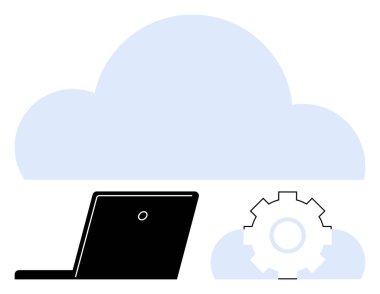 Bir bulut ve teçhizatın önünde dizüstü bilgisayar, dijital depolamayı, bulut entegrasyonunu temsil ediyor. Teknoloji, bulut hizmetleri, veri yönetimi, yenilik, yazılım geliştirme, bilişim çözümleri için ideal