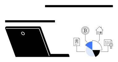 Bitcoin 'i, konutu, belgeleri ve bir pasta grafiği ile temsil edilen analizleri araştıran dizüstü bilgisayar. Finans, teknoloji, kripto para birimi, gayrimenkul iş akışı yeniliği ve yatırım kavramları için idealdir. Düz