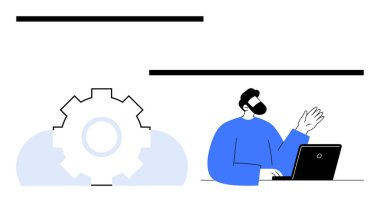 Dizüstü bilgisayarı olan bir adam takım çalışmasını, gelişmeyi ve üretkenliği simgeleyen vites simgesinin yanında duruyor. İş, yenilik, mühendislik, pazarlama, eğitim stratejisi için idealdir. Düz
