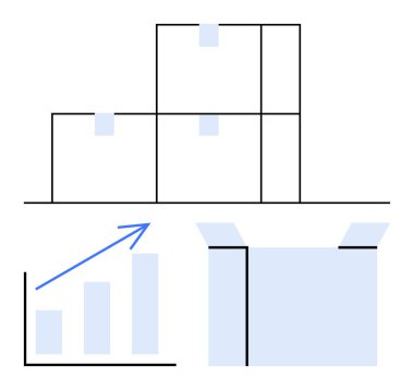 Raflarda istiflenmiş kutular, yükselen bar tablosu ve açık karton kutu. Nakliye, envanter, iş büyümesi, lojistik, depo depolama zinciri ambalajları için ideal. Düz basit