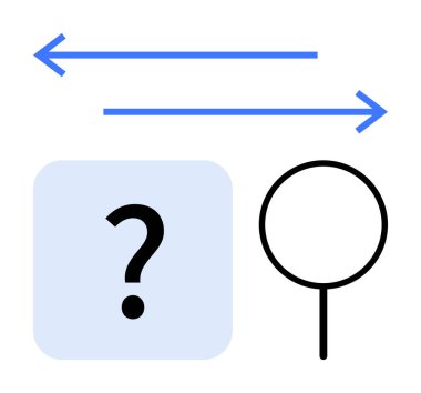 Mavi karedeki soru işareti, büyüteç ve çift yönlü oklar analiz, keşif, yön ve keşif yapar. Araştırma için ideal, karar verme, soruşturma problem çözme