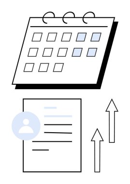 İşaretli tarihli takvim, bir belgede kullanıcı profili ve zamanlamayı, büyümeyi ve verimliliği gösteren iki yukarı doğru ok. Görev yönetimi, üretkenlik, iş dünyası, kariyer büyümesi için ideal