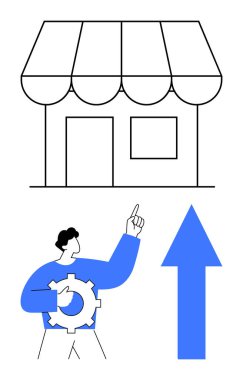 Üstünde çizgili güneşlik olan bir mağaza penceresi, yukarı doğru büyük bir ok gösteren insan teçhizatı. Ticari büyüme, girişimcilik, kalkınma, yenilik, strateji, pazar ilerlemesi için idealdir. Düz