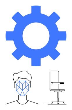 Mavi dişli, insan kafası üzerinde yüz tanıma kablosu ve yenilik, üretkenlik, verimlilik, yaratıcılık, yapay zeka, işyeri tasarımı, düz bir ergonomik ofis koltuğu.