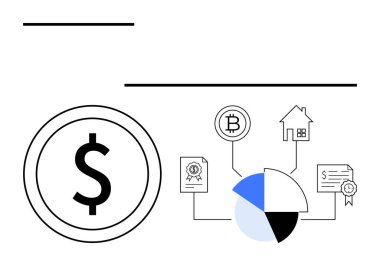 Dolar işareti bozuk para, pasta grafiği, kripto para, gayrimenkul, görsel olarak bağlantılı sertifikalar. Finans, bütçe ve sermaye yönetimi için ideal yatırım analizi ekonomik stratejisi. Düz