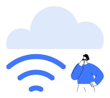 Kablosuz dalgalarla büyük bulut sembolünün yanında düşünen bir adam. Bulut hesaplama, kablosuz iletişim, internet, veri depolama, teknoloji, bağlantı ve yenilik için ideal. Düz basit metafor