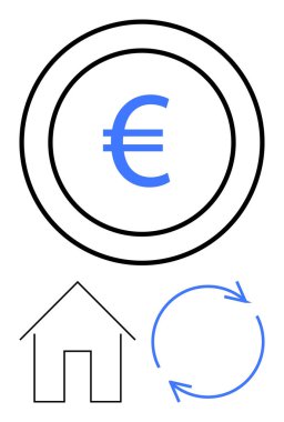 Kalın finans çemberinde Avro sembolü, ev ana hatları mülk ya da konut anlamına geliyor, dairesel oklar sürekli döngü olduğunu gösteriyor. Finans, emlak, sürdürülebilirlik, konut piyasası ve ekonomi için ideal