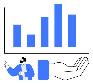 Yükselen verilerle ölçü grafiği, yol gösteren el hareketi ve profesyonel tasvir fikirleri. Büyüme, analiz, iş, strateji, rehberlik finans eğitimi için idealdir. Düz basit metafor