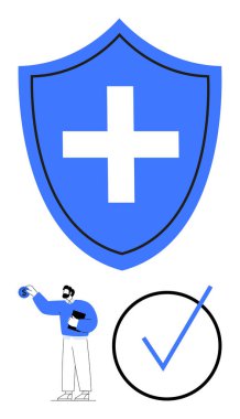 Çapraz sembollü büyük bir kalkan, elinde tıbbi belgeler olan bir doktor, onaylandığını gösteren kalın bir işaret. Sağlık, sigorta, onay, güven ve güvenlik için ideal. Düz basit