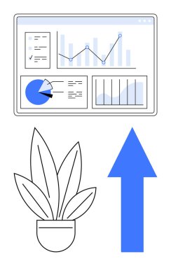 Çizelgeler ve grafiklerle birlikte analitik gösterge paneli. Mavi yukarı ok büyümeyi simgeliyor. Saksı bitkisi denge ve sürdürülebilirlik öneriyor. İş için ideal, büyüme, yenilik, eko-odaklanma, üretkenlik