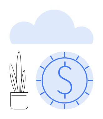 Üzerinde dolar işareti olan bir madeni paranın üzerinde asılı duran bulut, minimalist bir saksı bitkisinin yanında. Finans, teknoloji, büyüme, yatırım, ekonomi, sürdürülebilirlik tasarrufu için ideal. Düz basit metafor