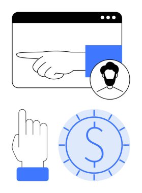 Pencere içinde işaret eden el, kullanıcı avatarı, tıklanabilir jest ve para birimi. Navigasyon, dijital kimlik, finans, etkileşim tasarımı, kullanıcı deneyimi çevrimiçi ödeme dairesi için ideal