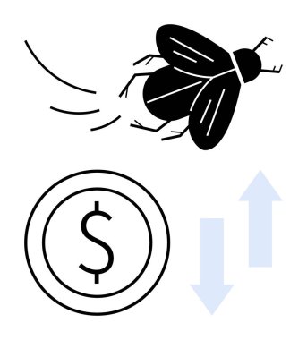 Bir dolar üstü uçan siyah böcek ve yukarı aşağı mavi oklar. Ekonomi, risk, istikrarsızlık, mali dengesizlik, karar verme, iş dinamikleri, düz basit metafor için ideal
