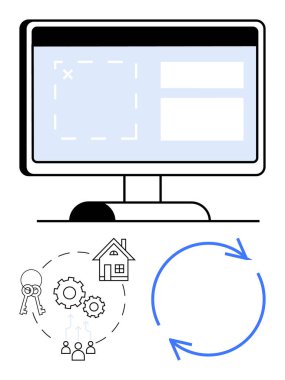 Bilgisayar ekranı arayüz elementleri, dişliler, anahtarlar, ev, insanlar ve oklar. Teknoloji, otomasyon, emlak yönetimi işbirliği emlak süreci optimizasyonu için ideal daire