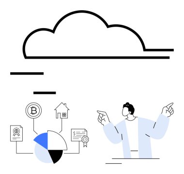 Şifreli para, gayrimenkul, analitik ve belgeler gibi bağlantılı unsurlara sahip bulut. Adam bileşenleri işaret ediyor. Teknoloji, finans ve veri paylaşım analizi için ideal