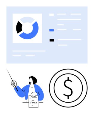 Pasta çizelgesi analizi, verilere işaret eden belge sunucusu ve finansal planlamayı, bütçeyi, analitiği, yatırımı, karar verme mekanizmasını, pazarlamayı gösteren dolar işareti. Basit bir daire için ideal