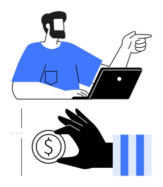 Kara El madeni para sembolü sunarken adam fikri işaret eden dizüstü bilgisayar kullanıyor. İş finansmanı, mali planlama, karar verme, takım çalışması, yatırımlar, hedef belirleme için ideal