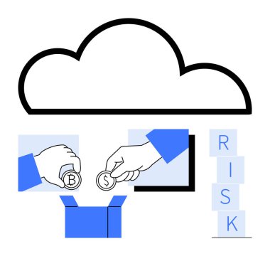 Bulut grafiği, el değiştiren Bitcoin ve dolar bozduran paralar, açık depo kutuları ve RISK blokları. Fintech, engelleme zinciri, yatırımlar, güvenlik, yenilik, veri yönetimi soyut çizgisi için ideal