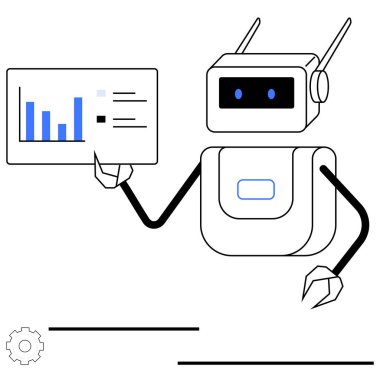 Robot, çubuk grafikleri ve grafikleri olan bir ekran tutuyor, yapay zekayı sembolize ediyor, veri görselleştirmesi, analitik, teknolojik yenilik, eğitim, otomasyon. Teknoloji için ideal, robot yapay zeka öğrenimi