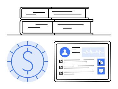 Kitap yığını, dolar sembolü ve kullanıcı detaylarıyla dijital sağlık arayüzü. Sağlık, eğitim, mali yönetim, tıbbi veriler, bilgi araştırma sağlığı için idealdir. A