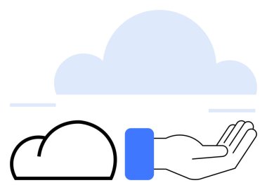 El, çizilmiş ve doldurulmuş bulut şekillerinin altında yukarı doğru uzanıyor, desteği, teknolojiyi, ev sahipliğini ve yeniliği simgeliyor. Bulut hesaplama, veri depolama, erişim, takım çalışması bağlantıları için ideal