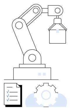Robot kol kaldırma bir nesne, kontrol listesi görev yönetimini gösteriyor, dişli optimizasyonu sembolize ediyor. Teknoloji, robot bilimi, imalat, otomasyon, endüstriyel verimlilik için ideal. Düz