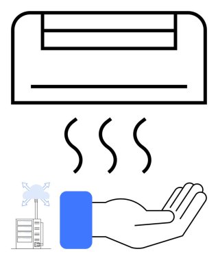 Klima açık bir ele sıcak hava veriyor, rahatlığı simgeliyor. Enerji, iklim kontrolü, teknoloji, ev aletleri, verimlilik, yenilik için ideal, düz basit metafor