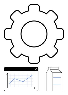 Yükselen bir çizgi grafiği ve fabrika siluetine bitişik olan vites sembolü işbirliği, verimlilik ve ilerleme öneriyor. Sanayi, üretim, analitik, büyüme, performans ve mühendislik için ideal