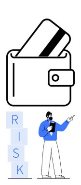 Cüzdanında bir kart var, RISK yazımını engelliyor, profesyonel analiz ve işaret. Finans, yatırım, iş, karar verme, risk yönetimi, kavramsal strateji çizgisi için ideal