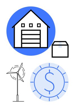 Paketli depo, rüzgar türbini ve lojistik, yenilenebilir enerji ve finansal büyümeyi temsil eden para birimi taslağı. Sürdürülebilirlik, enerji tasarrufu, üretim, lojistik yeşil için ideal