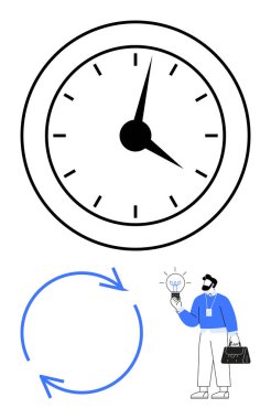 Elinde ampul tutan bir iş adamının minimalist tasarımı. Saat ve geri dönüşümle tamamlanan oklar yenilik, üretkenlik, planlama, verimlilik, yaratıcılık, zaman yönetimi ve yenilenmeyi simgeliyor. A