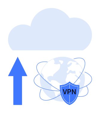 Mavi ok, veri yüklemesini sembolize eden bulutu işaret ediyor, VPN kalkanı dünyanın her yerinde. Veri koruması, siber güvenlik, uzaktan erişim, dijital ağ, güvenli bağlantı, mahremiyet, düz metafor için ideal