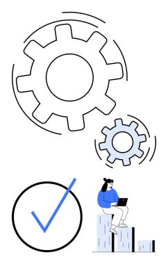 Büyük teçhizat ve küçük vites, başarıyı simgeleyen mavi işaret, bir bar çizelgesinde oturan ve dizüstü bilgisayarda çalışan kadın. Takım çalışması, verimlilik, hedefler, başarı, iş akışı, ilerleme için ideal