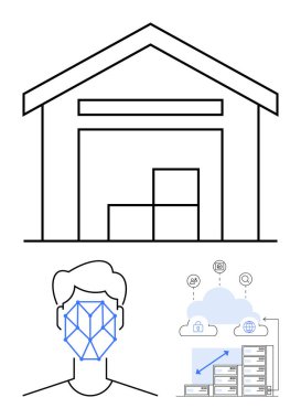 Depo yapısı istiflenmiş kutular, yüz tanıma teknolojisi ve bulut depolama konsepti. Lojistik, teknoloji, güvenlik, yapay zeka, veri depolama otomasyonu için ideal. Düz basit