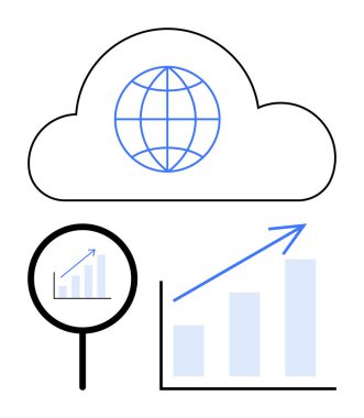Küre simgesine sahip bulut, artan çizelge üzerinde büyüteç, yukarı doğru ok. Veri analizi, küresel eğilimler, bulut hesaplama, büyüme izleme, araştırma, iş anlayışı için ideal basit